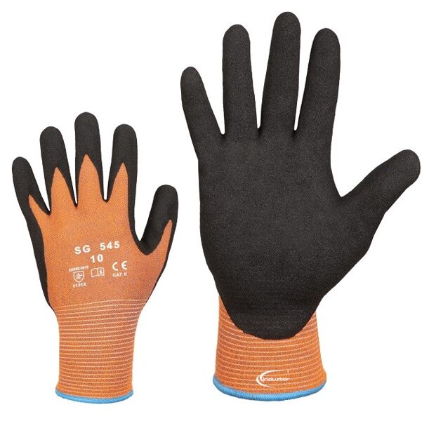 Elastic acrylic/Spandex work gloves with thin fleece lining, brushed nitrile palm