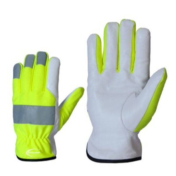 Smooth goat skin work gloves with reflective stripes and fleece lining