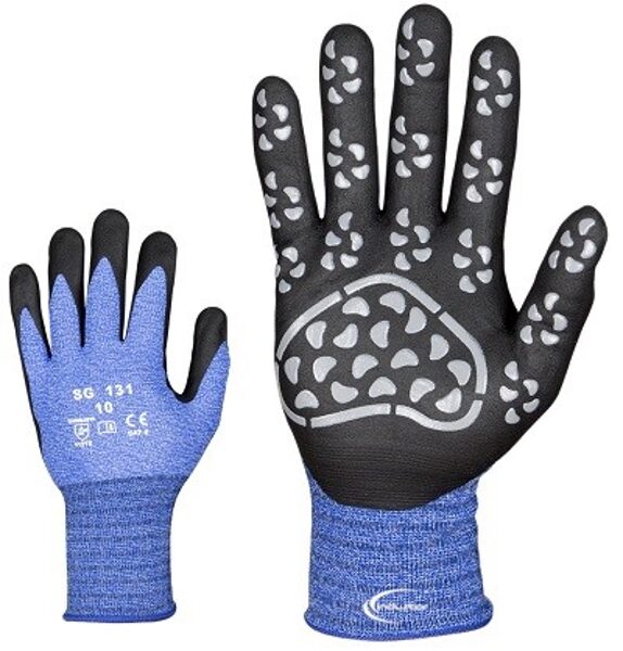 Elastic nylon/spandex work gloves. Foam Nitrile coating with a pattern on the palm