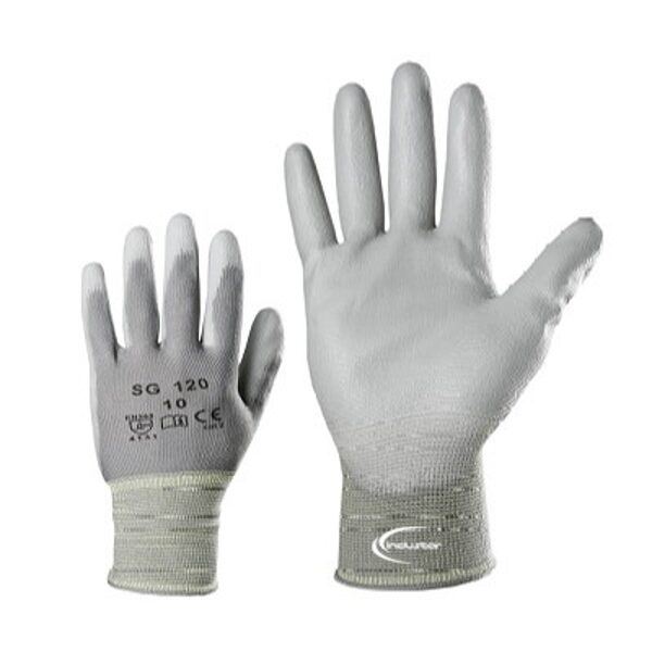 Work gloves knitted from polyester, Polyurethane coating on the palm