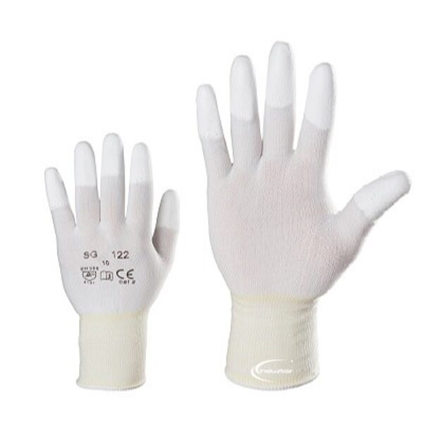Knitted nylon work gloves. Polyurethane coated tips