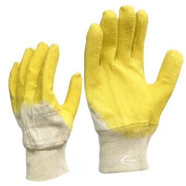 Work gloves on a cotton knitted basis with a latex coating of a relief structure. Knitted cuffs