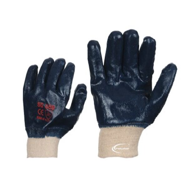 Cotton knit work gloves with full nitrile coating, Knitted cuffs