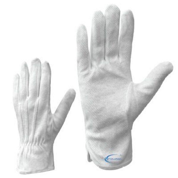 Рабочие перчатки трикотажные, белые. ПВХ точечное покрытие на ладонной части