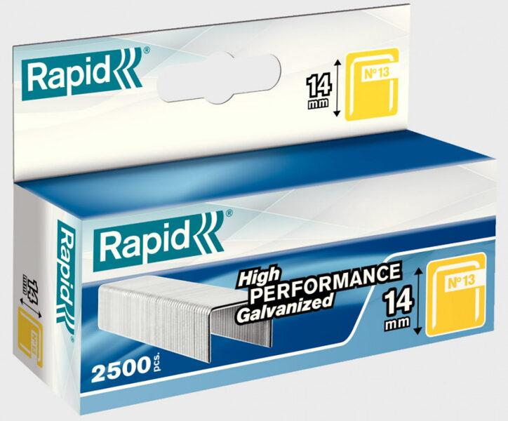 Staples 13/14 2500 pcs., 10.6x0.7 mm, yellow, in a cardboard box, Rapid